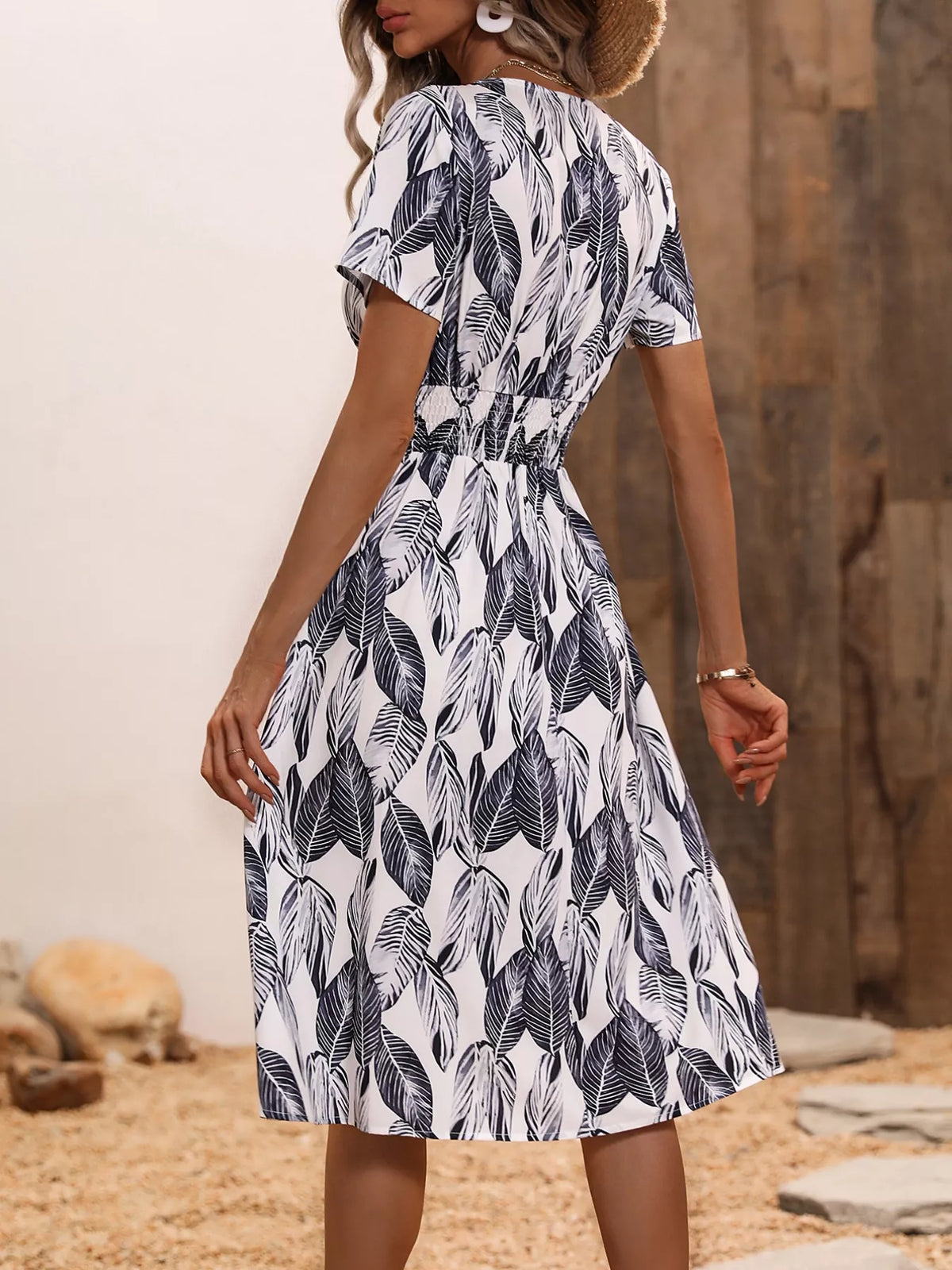 Printed short sleeve smocked midi dress front view