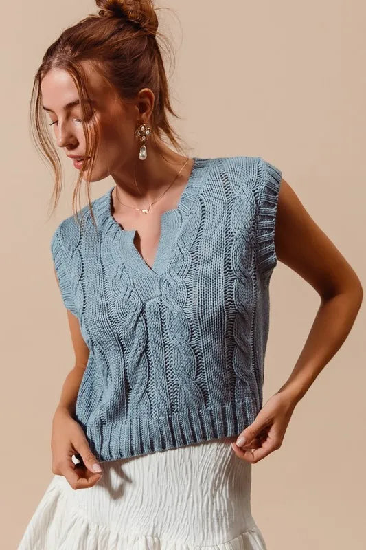 Notched Neck Cable Knit Sweater Vest in Denim Blue detail