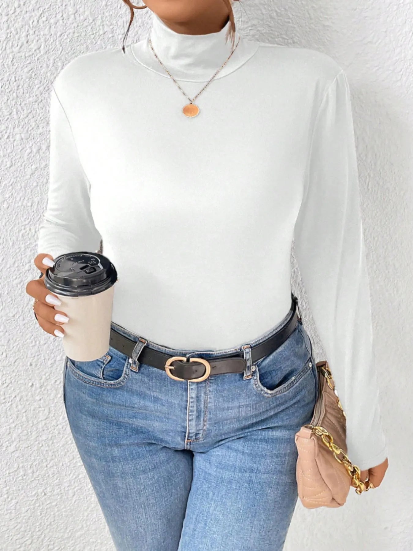 Plus Size Long Sleeve Fitted Turtleneck T-Shirt White - Fashorio