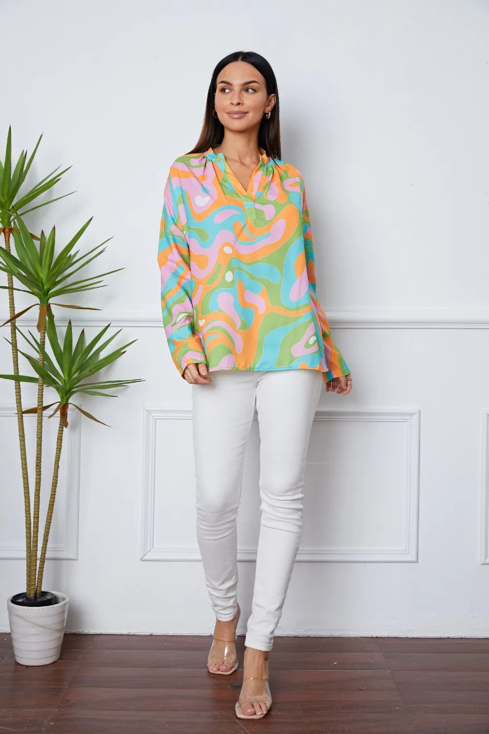 Printed Notched Long Sleeve Blouse - Fashorio