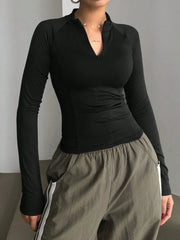 Long Sleeve Zip Front Fitted T-Shirt - Fashorio