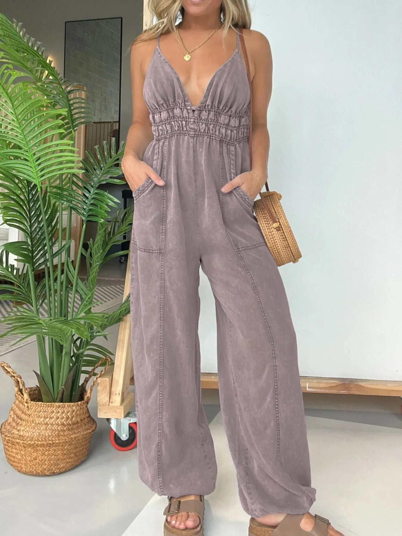 Full Size Wide Leg Spaghetti Strap Jumpsuit Plus Size Gray Purple - Fashorio