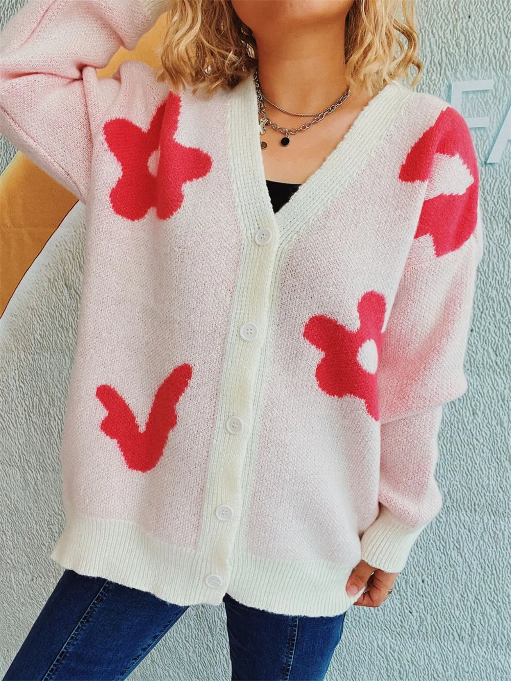 Flower Button Down V-Neck Long Sleeve Cardigan Blush Pink One Size - Fashorio