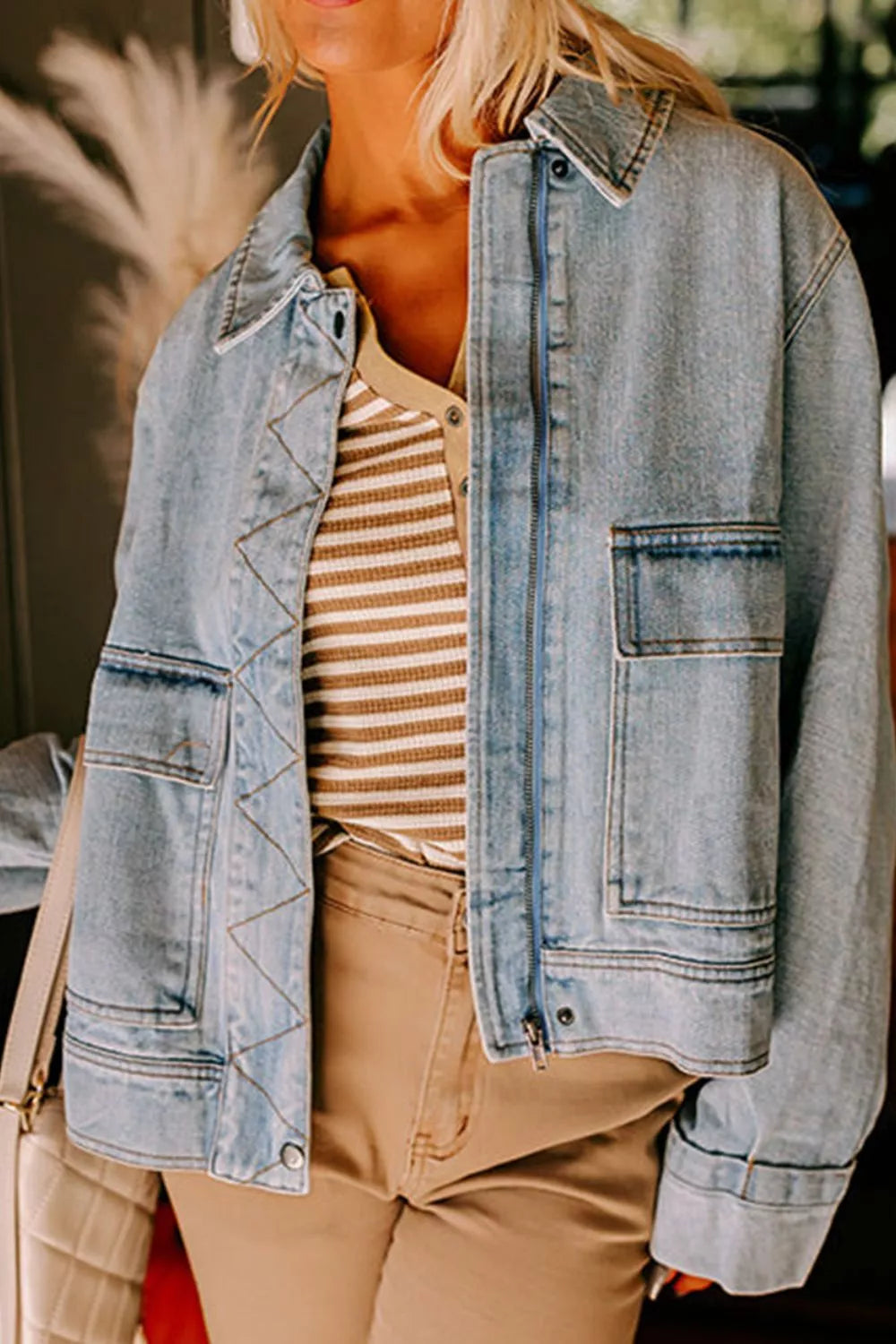 Zip Up Drop Shoulder Denim Jacket in Medium Wash side view