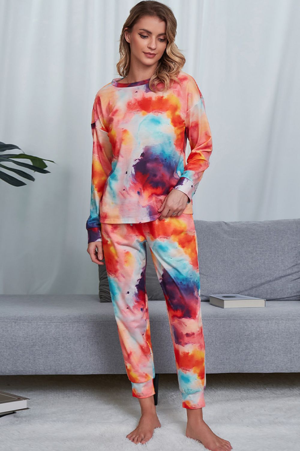 Shiny Tie-Dye Crewneck Top and Drawstring Waist Joggers Lounge Set - Fashorio