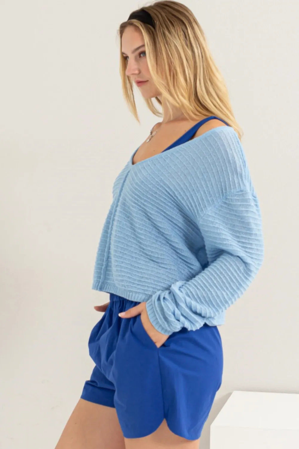HYFVE V-Neck Stripe Texture Long Sleeve Top - Fashorio