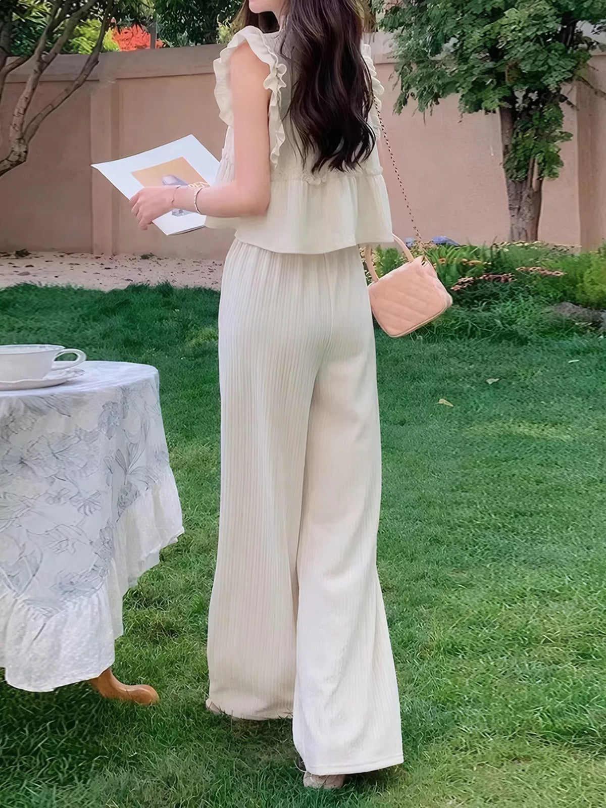 Ruffle top and wide leg pants matching set detail