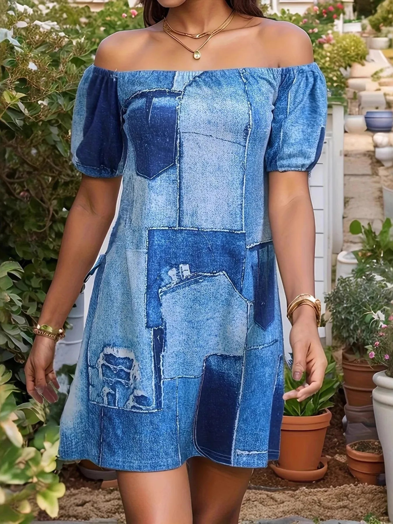 Patchwork Off Shoulder Denim Mini Dress - Fashorio