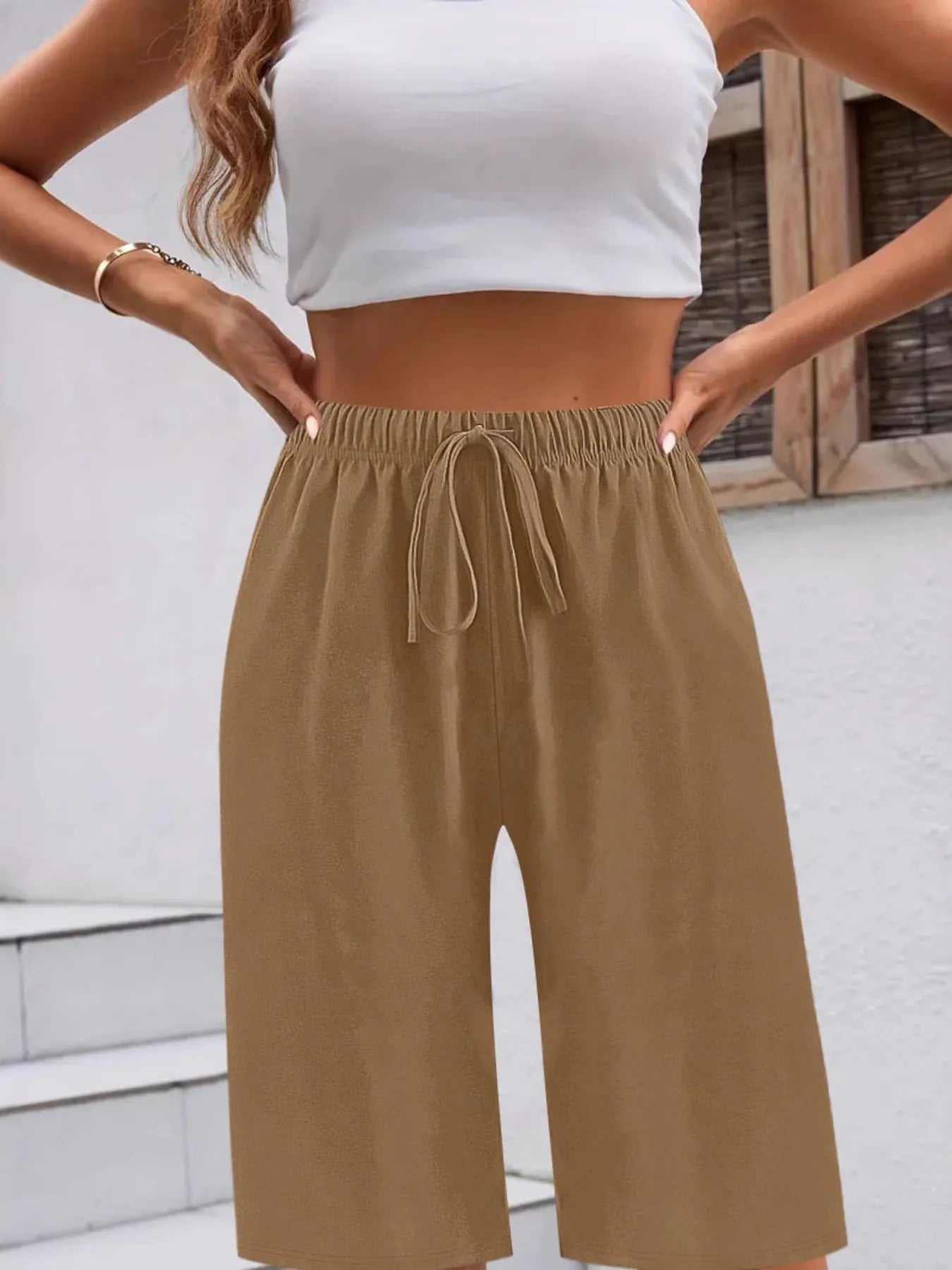 Casual Drawstring Wide Leg Shorts Khaki - Fashorio