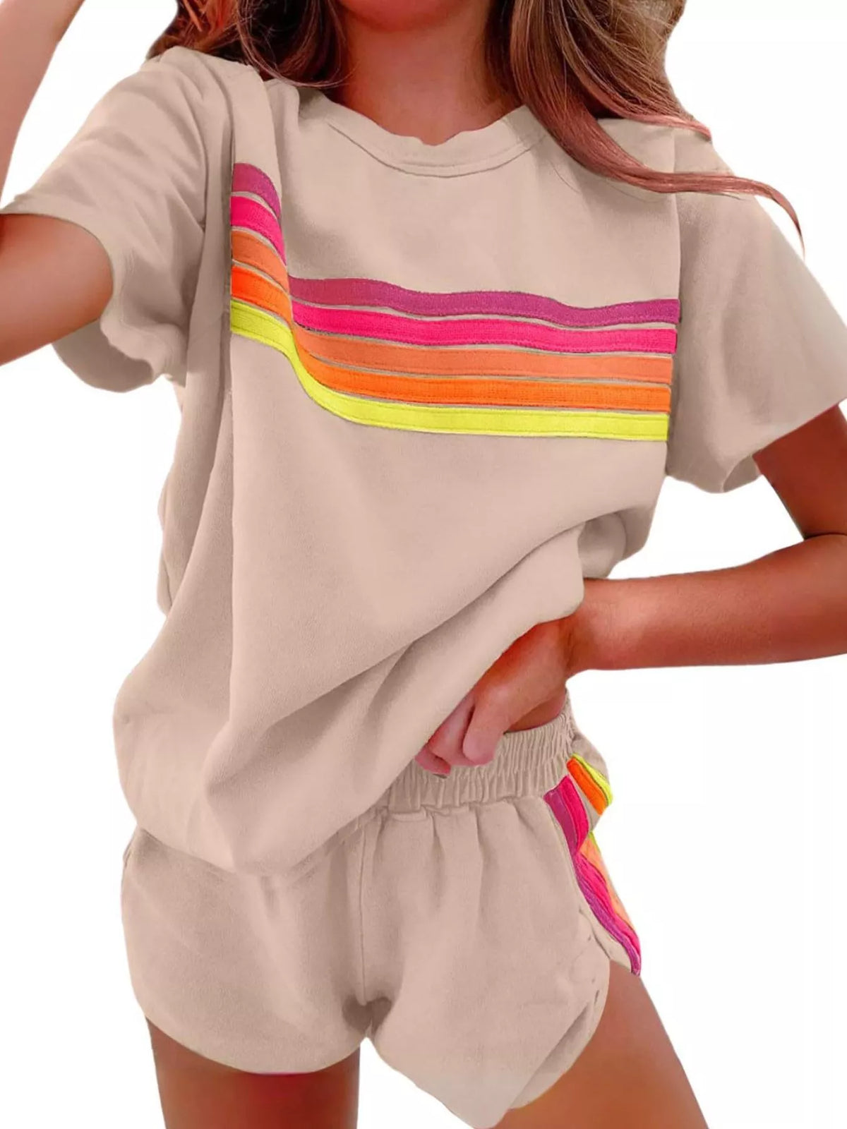 Rainbow Striped Round Neck Top and Shorts Set, view 13