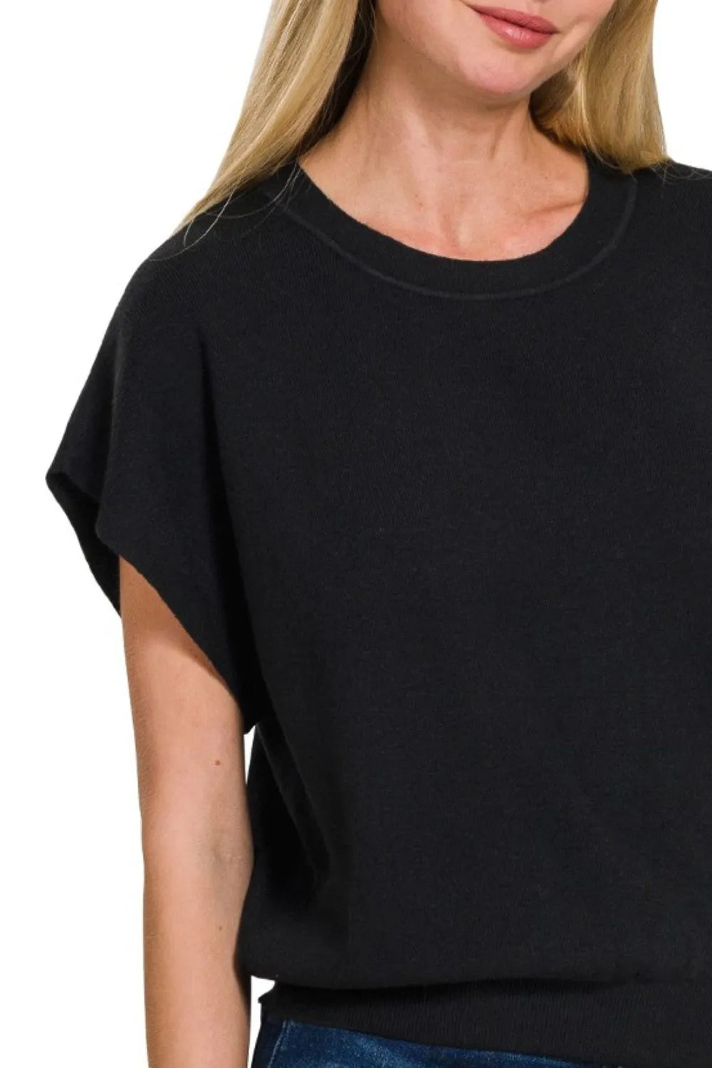 Ribbed Round Neck Short Dolman Sleeve Sweater back view