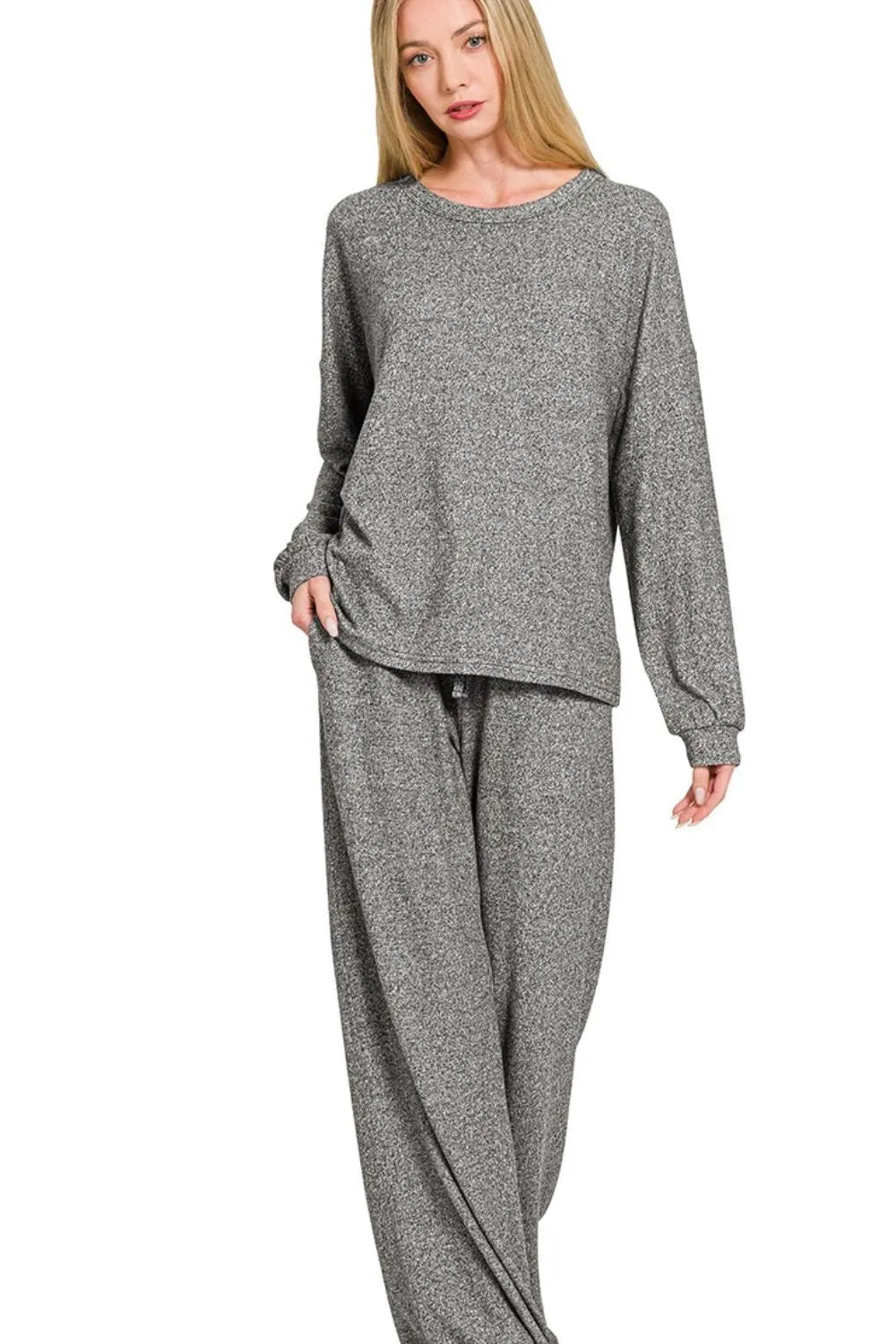 Zenana Soft Melange Hacci Long Slv Tee & Pants Set Gray - Fashorio