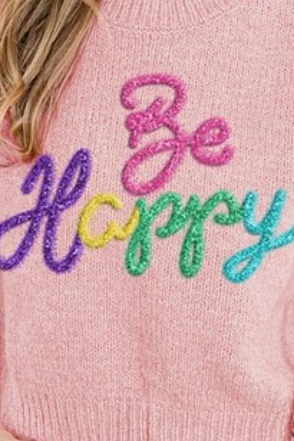 BiBi Metallic Letter Short Puff Sleeve Hairy Sweater - Fashorio