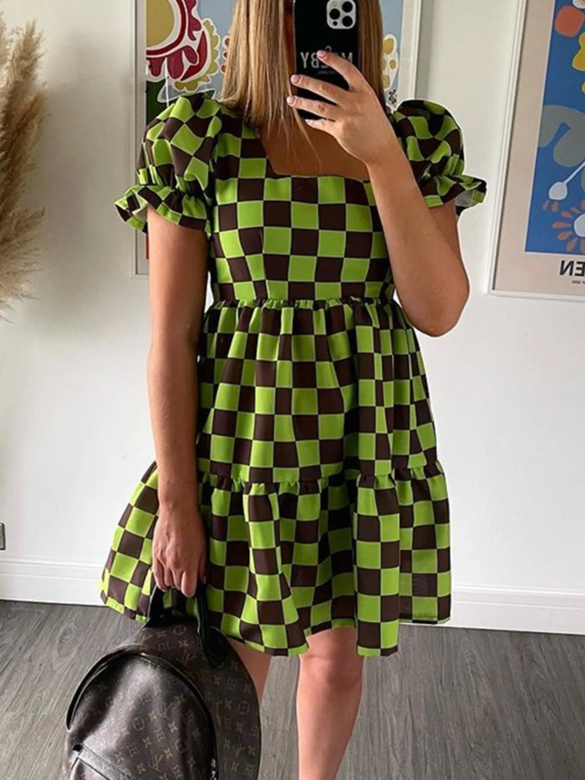 Checkered Tiered Mini Dress in Green detail