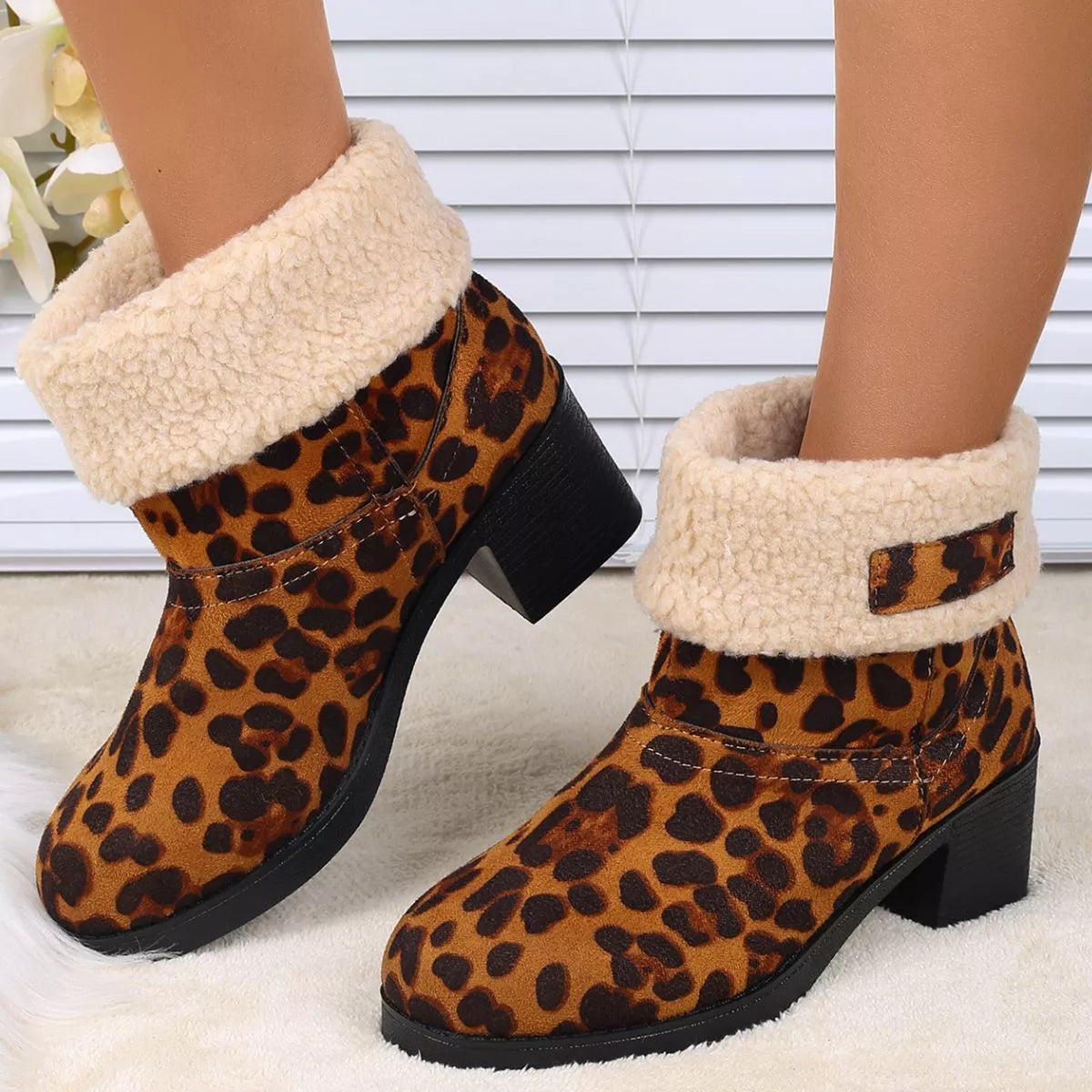 Plush Cuff Block Heel Boots in red leopard print