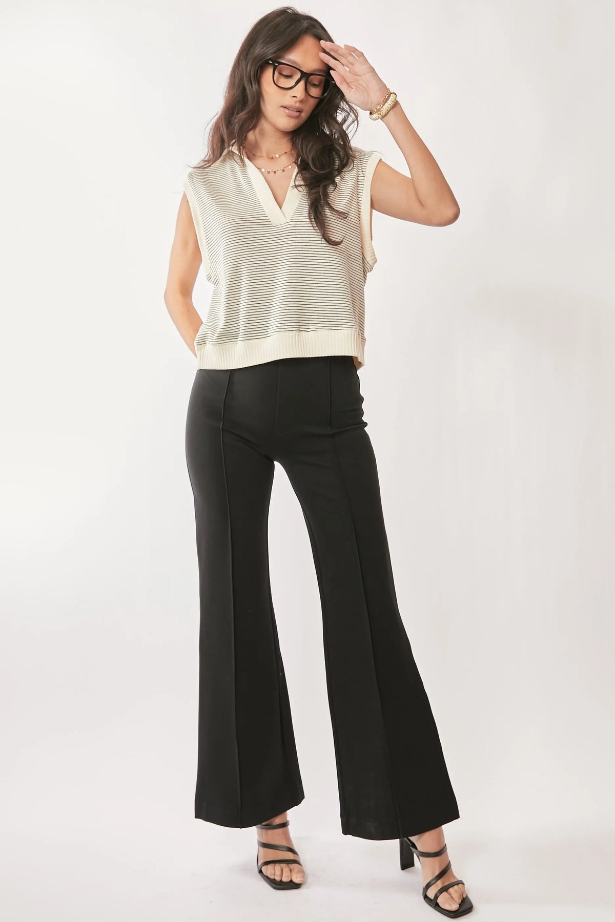French Terry Striped Boxy Sweater Vest in Cream and Black view 7