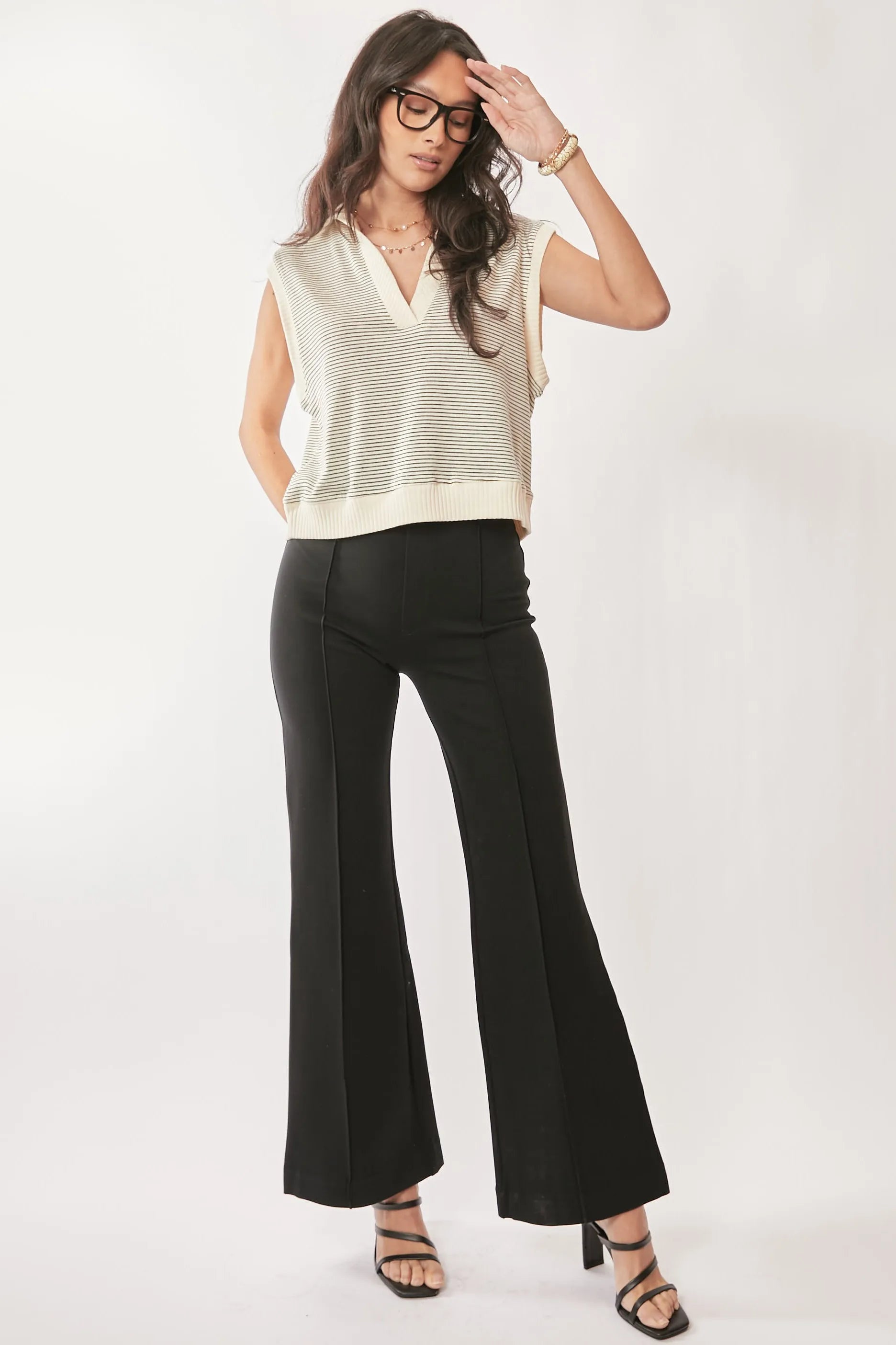 Davi & Dani French Terry Boxy Fit Striped Sweater Vest - Fashorio