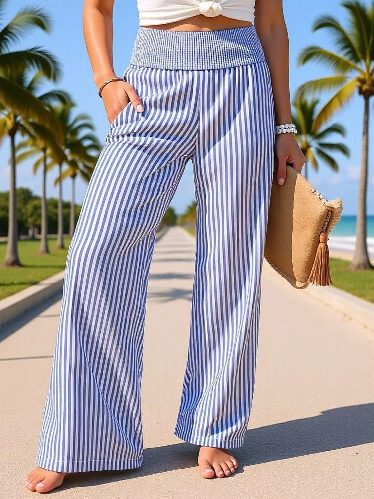 Striped smocked waist wide leg pants styled view