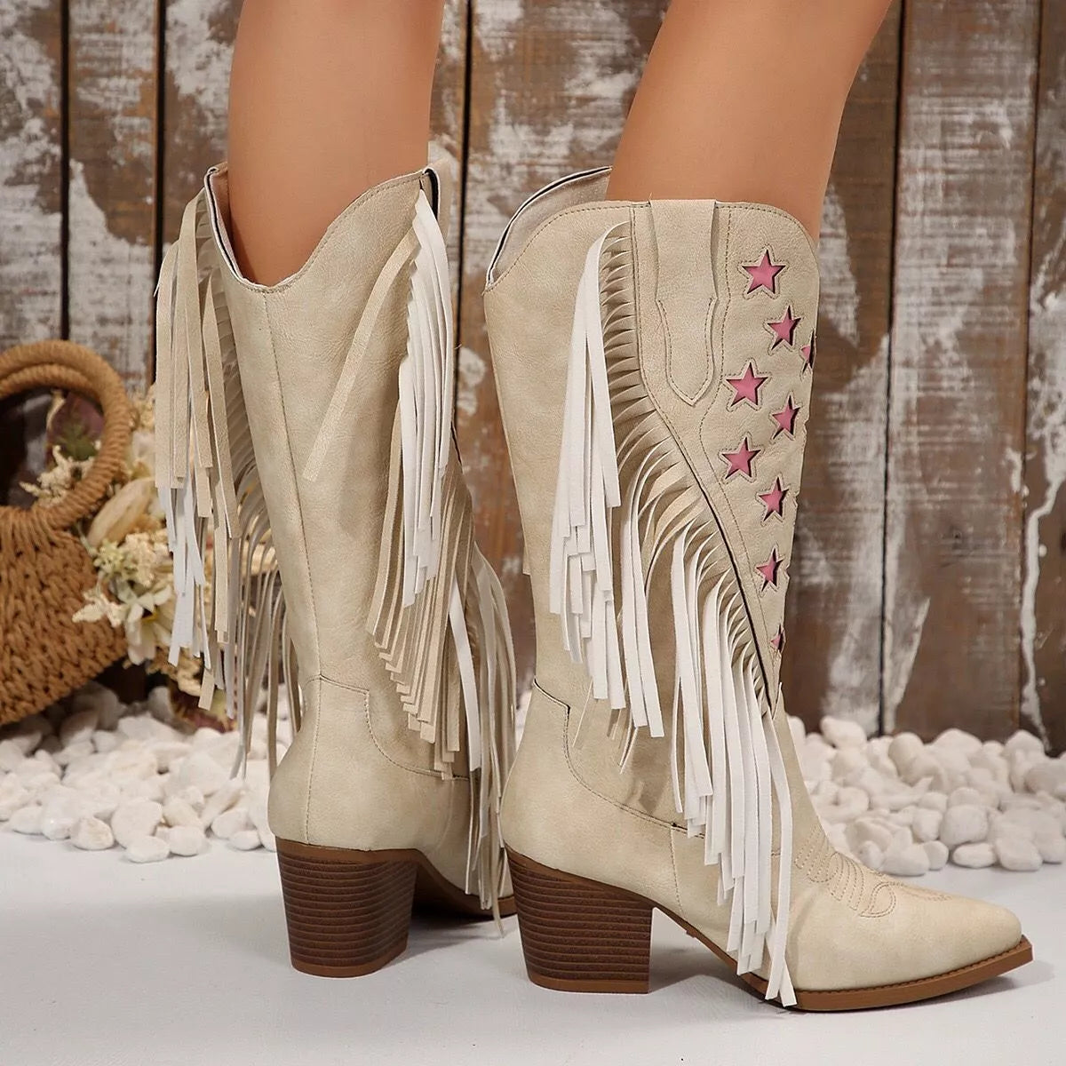 Star Fringe Block Heel Boots back view