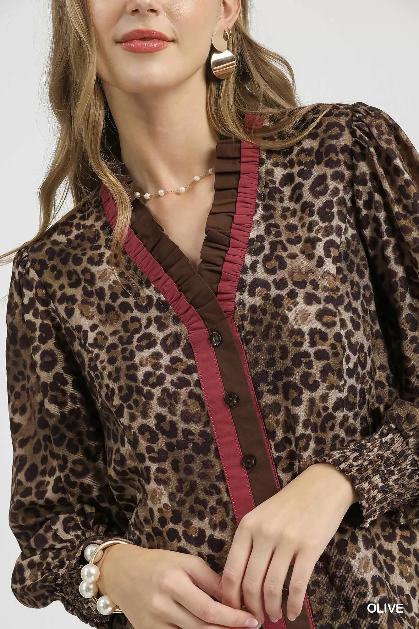 Umgee Ruffle Trim Leopard Print Shirt - Fashorio