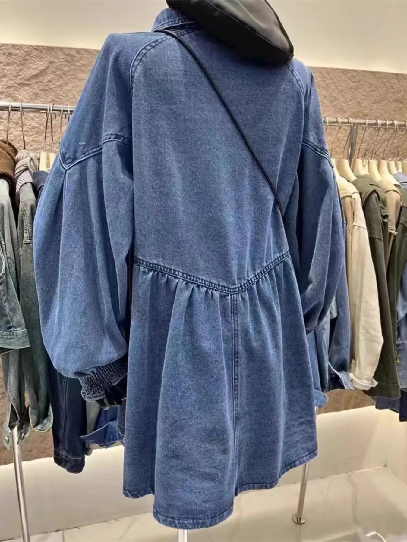 Oversized Long Sleeve Button-Up Denim Dress - Fashorio