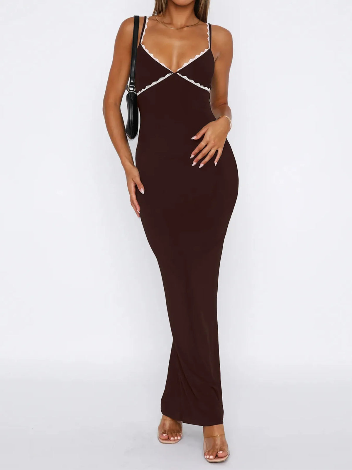 Lace detail slim fit bodycon maxi dress front view