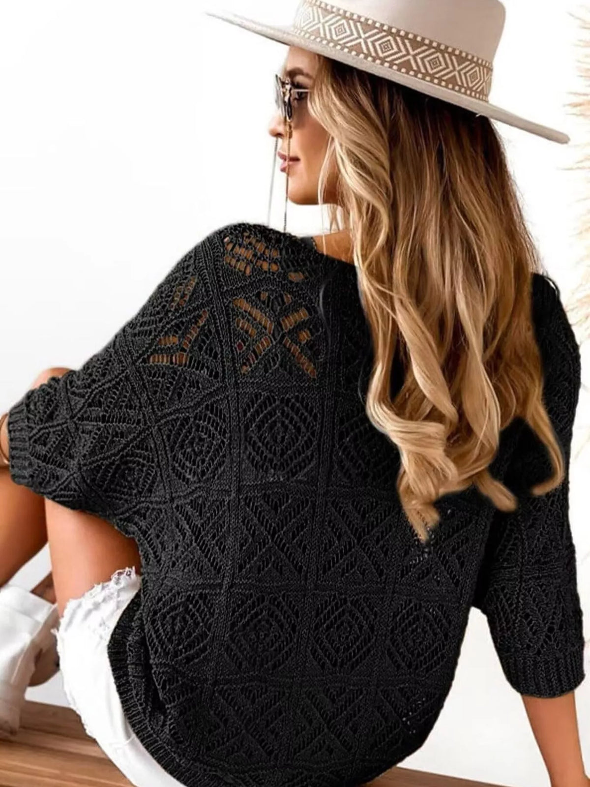 Crochet knit cover up styled with shorts