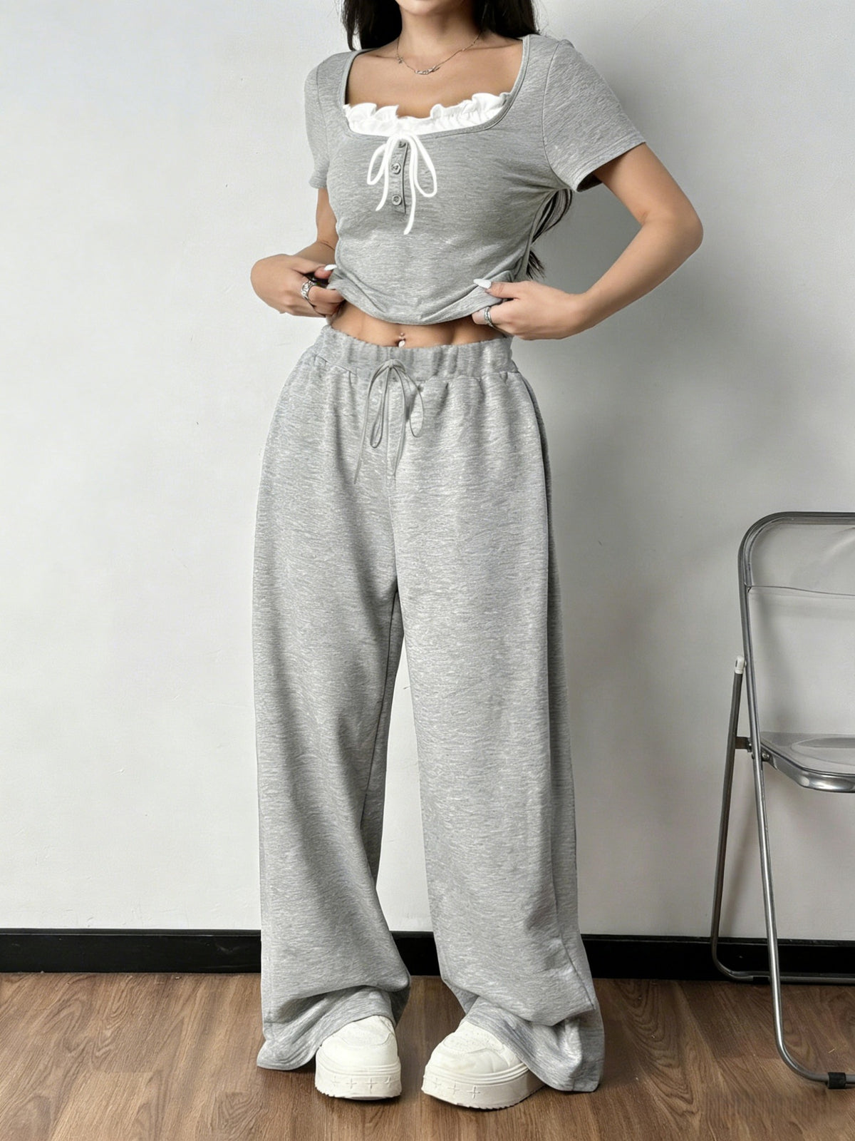 Grey tie front short sleeve top and pants set front