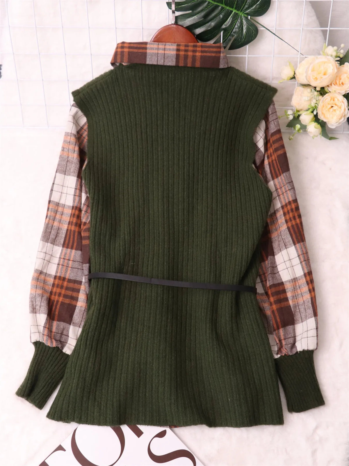 Plaid Belted Long Sleeve Sweater Dress view 16