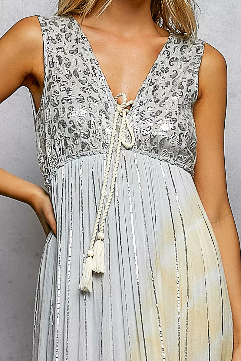 Light grey tie dye tiered maxi dress styling view