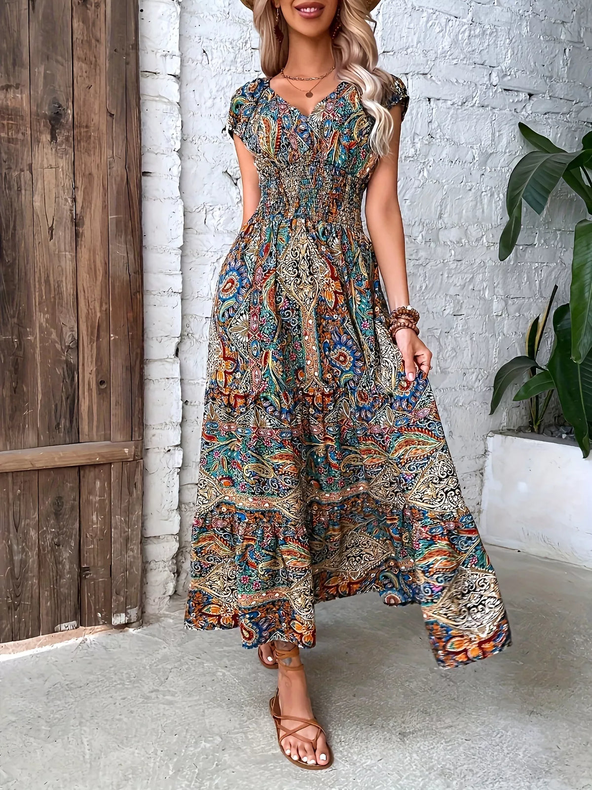 Paisley print cap sleeve tiered maxi dress front view