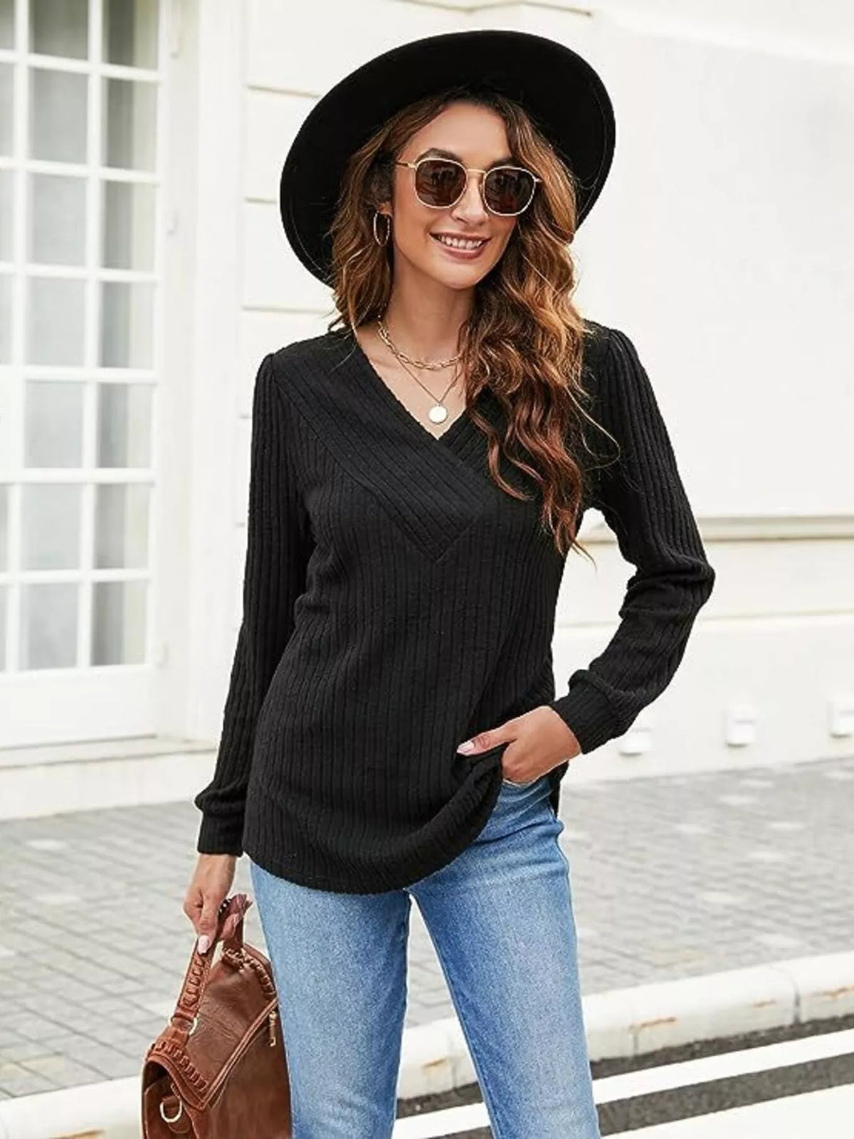 V neck ribbed long sleeve knit top styled outfit view