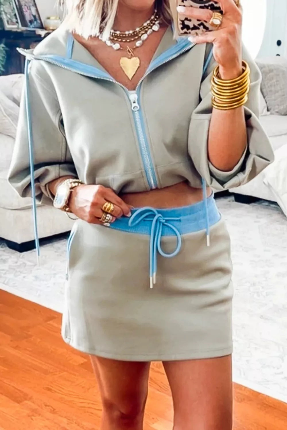 Light gray zip up and skirt matching set styled look