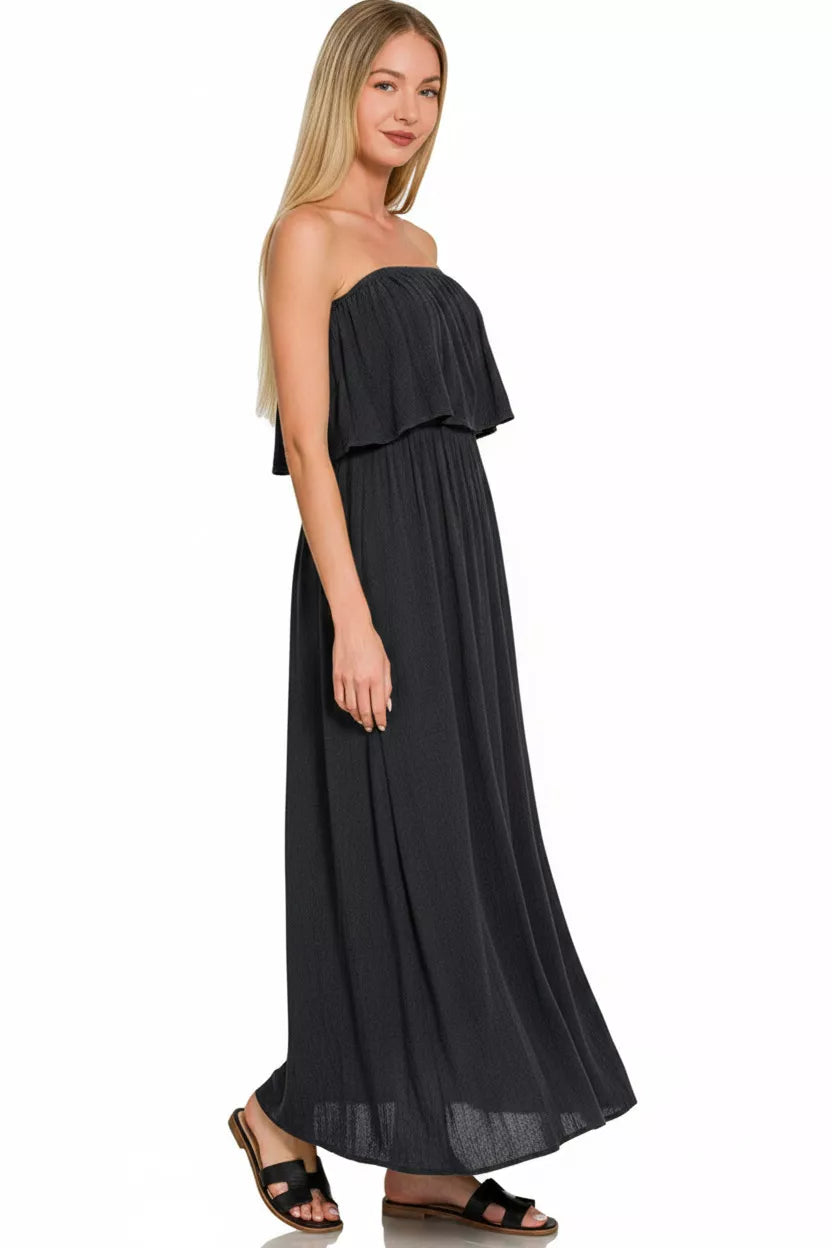 Zenana crinkle strapless maxi dress in black side view