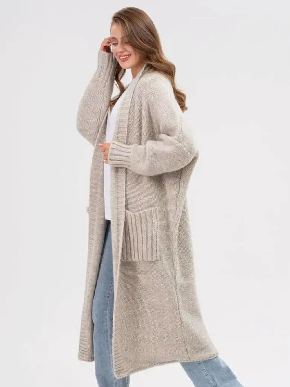 Pocketed Open Front Long Sleeve Longline Cardigan - Fashorio