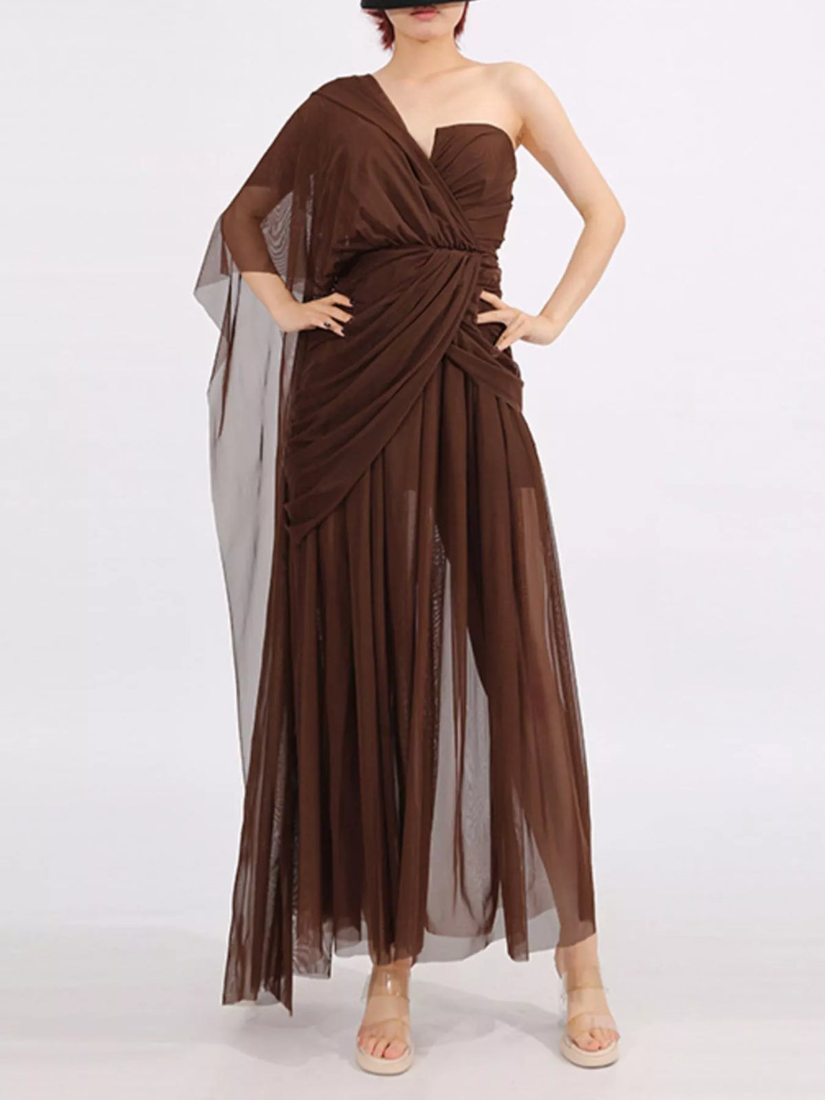 Coffee brown one shoulder flowy mesh midi dress, front view