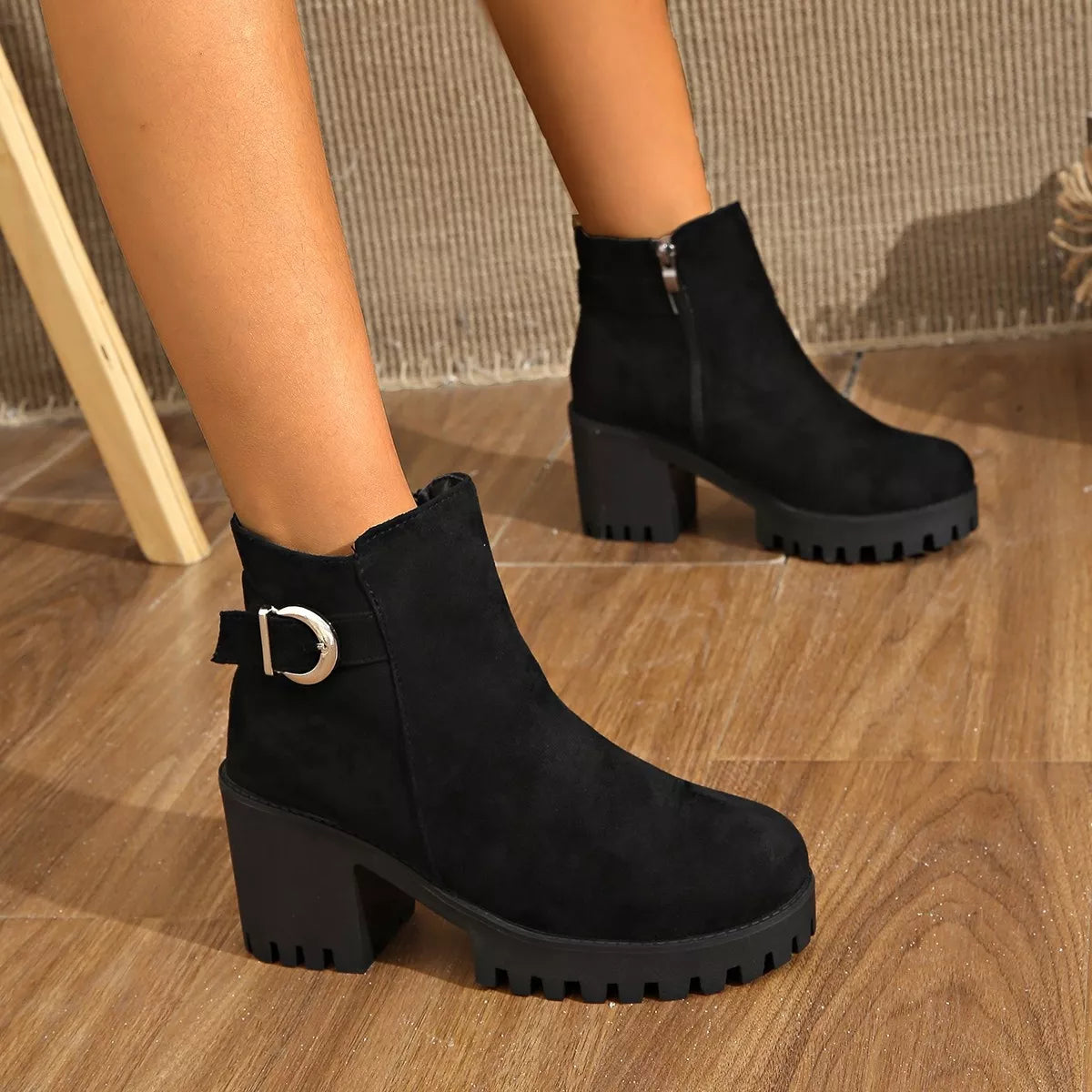 Suede round toe block heel boots back heel view