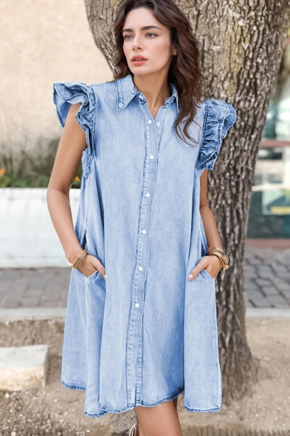 Ruffled Button Front Cap Sleeve Denim Dress - Fashorio