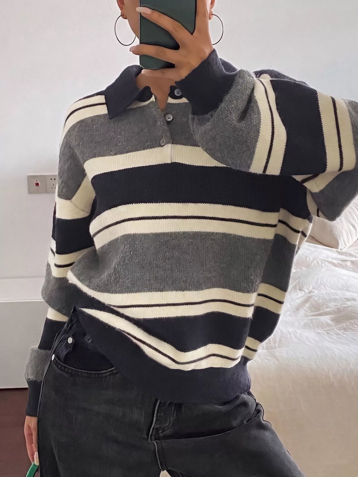 Striped Button Detail Long Sleeve Sweater side view
