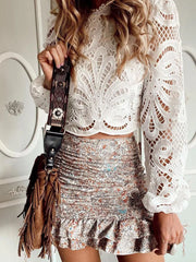 Lace Crochet Long Sleeve Blouse White - Fashorio
