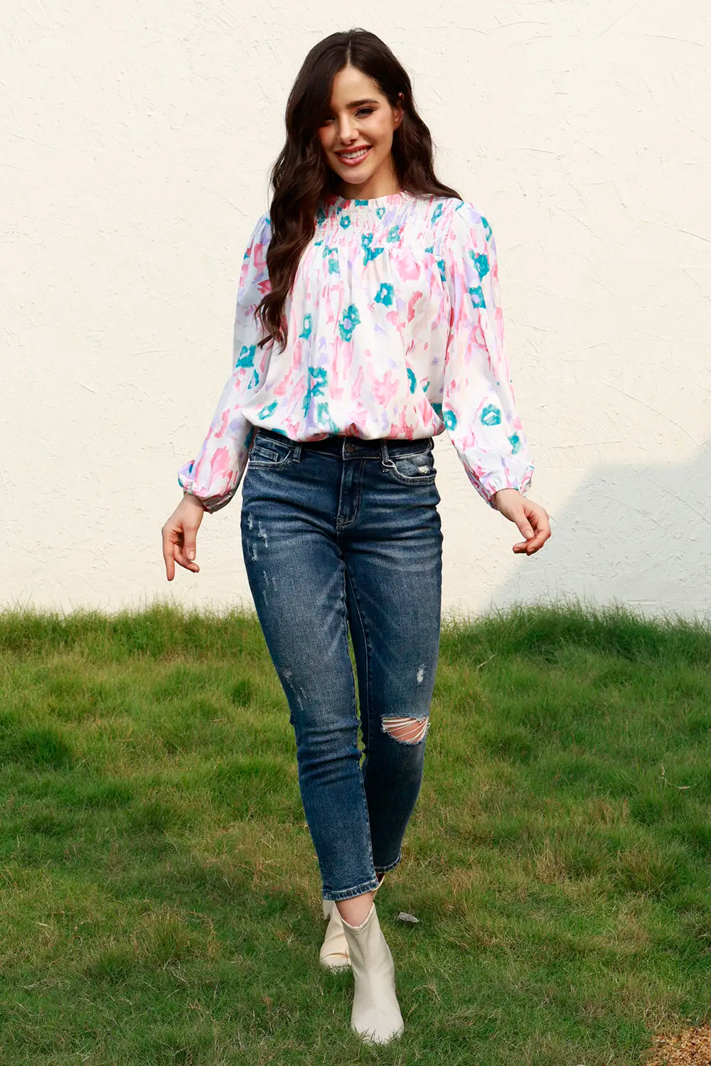 Floral Smocked Balloon Sleeve Round Neck Blouse - Fashorio