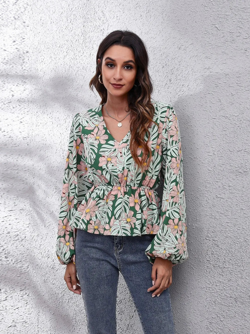 Floral V-Neck Balloon Sleeve Peplum Blouse Green - Fashorio