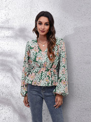 Floral V-Neck Balloon Sleeve Peplum Blouse Green - Fashorio