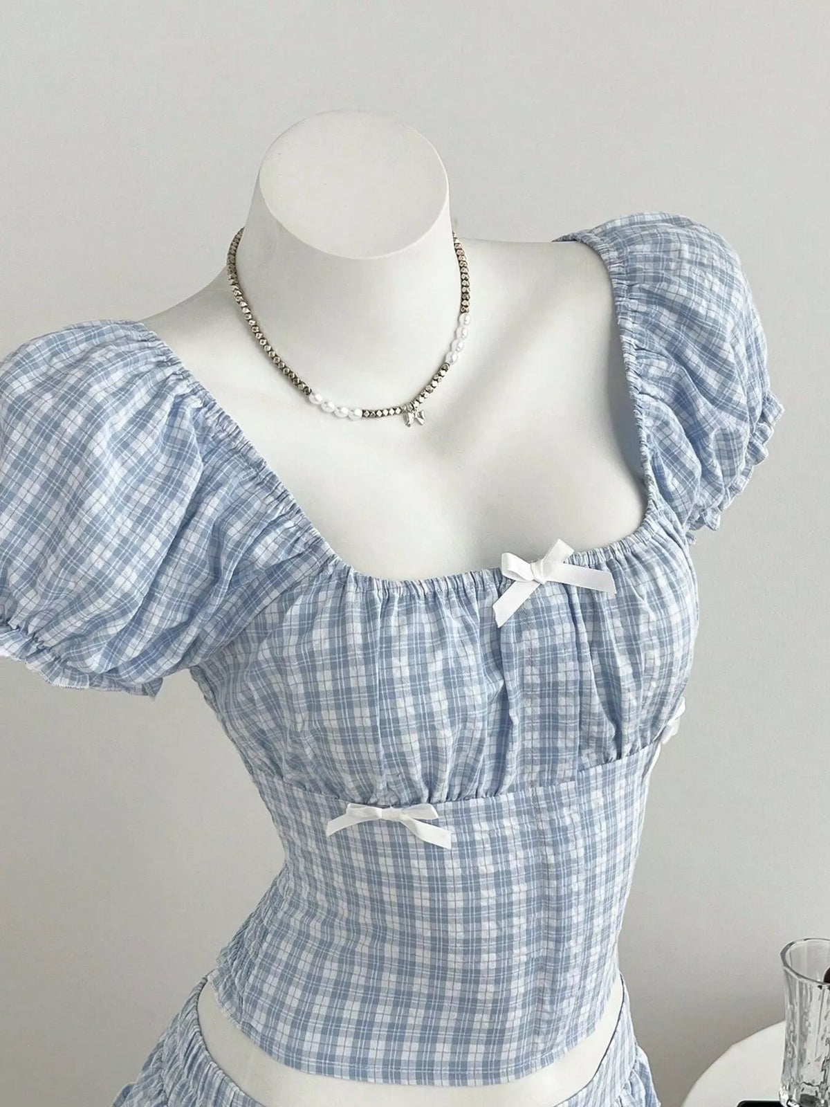 Plaid puff sleeve blouse and matching skirt set side view