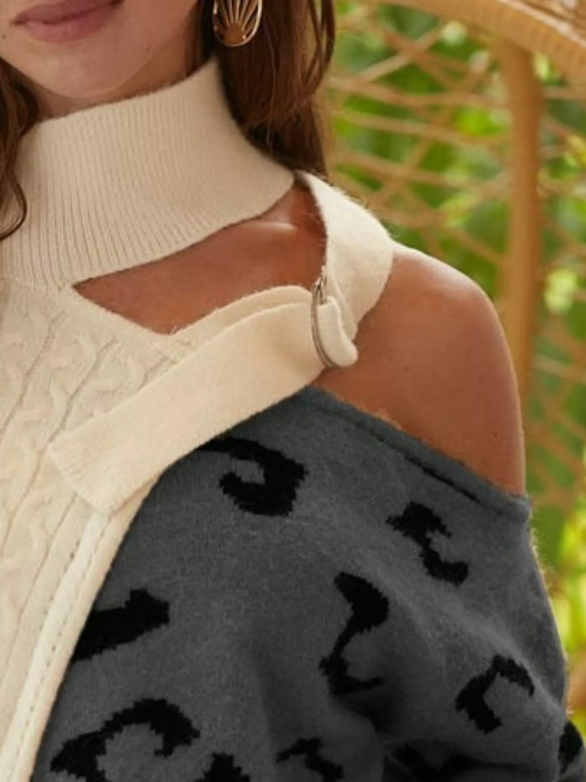 Cable Knit One Shoulder Color Block Sweater in Charcoal back view