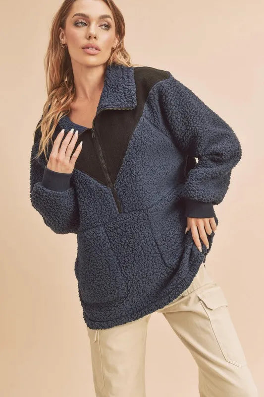 Two tone half zip fleece sweatshirt side view