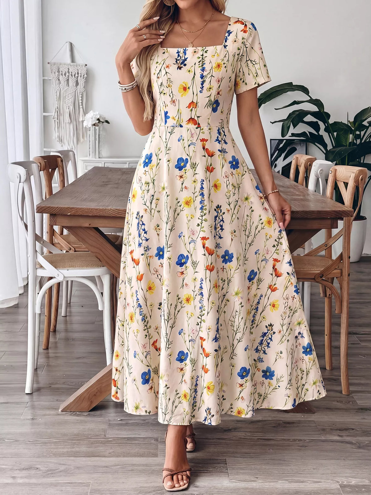 apricot floral square neck casual maxi dress styled look