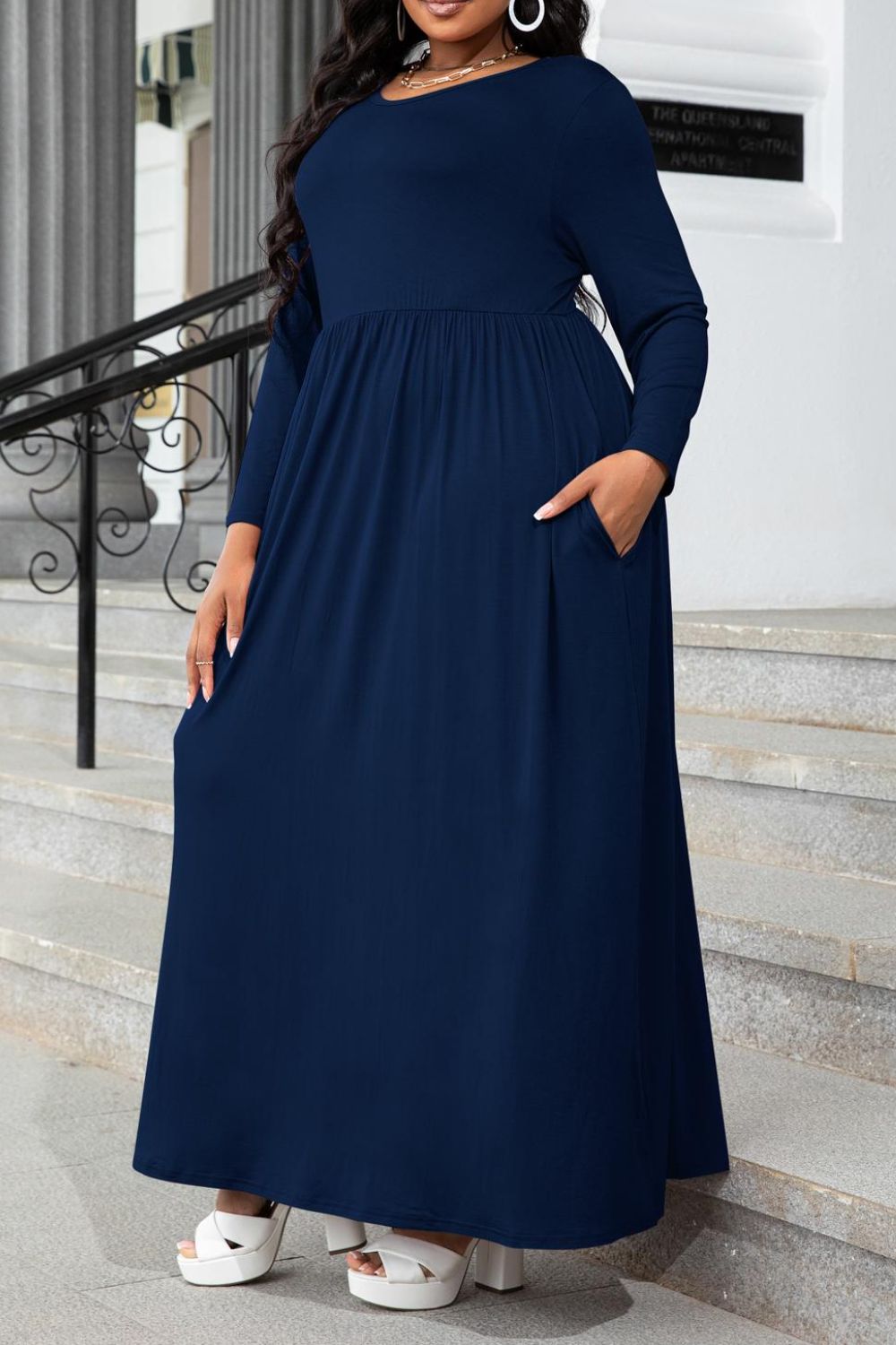 navy long sleeve plus size maxi dress with pockets back view