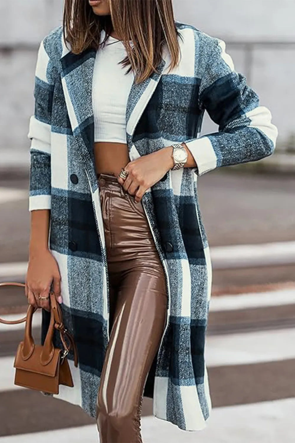 Plaid Button Up Lapel Collar Coat, view 16