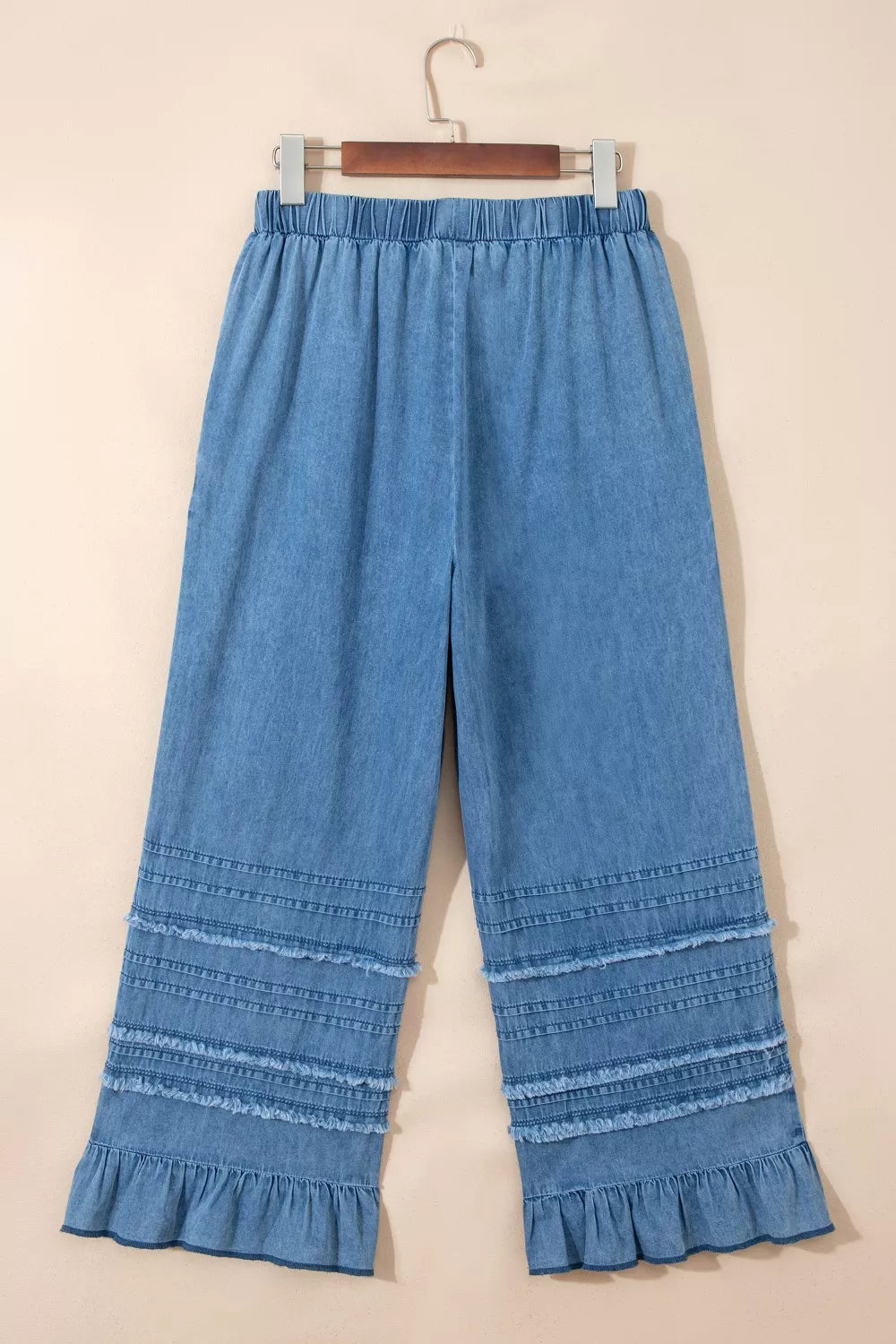 Ruffled hem wide leg chambray pants drawstring waist detail